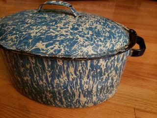 Vintage Blue And White Splatterware Enamelware Roasting Pan With Lid