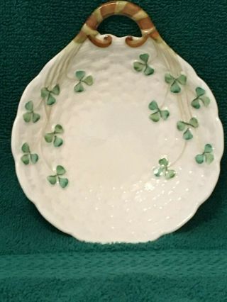 Vintage Belleek Ireland Clover Leaf Shamrock Basket Weave Dish Green Mark