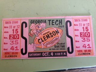 Vintage 1969 Georgia Tech Vs Clemson College Football Ticket Stub
