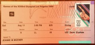 1984 Los Angeles Summer Olympics Diving Ticket Aug 11 With Diving Stamp Canceled