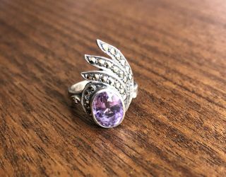 Vintage Large Art Deco Style Marcasite Amethyst Feather Ring Size 6