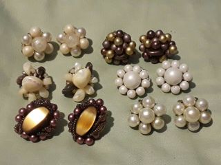 Vintage Signed Japan Clip On Cluster Earrings White And Brown 6 Pairs