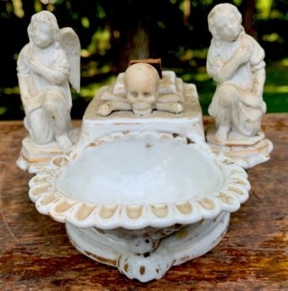 Antique French? Holy Water Font Porcelain,  19th Century Skull Cross Bones Angels
