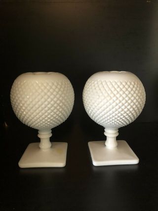 Two Vintage Westmoreland Milk Glass English Hobnail Pedestal Round Ball Ivy Vase