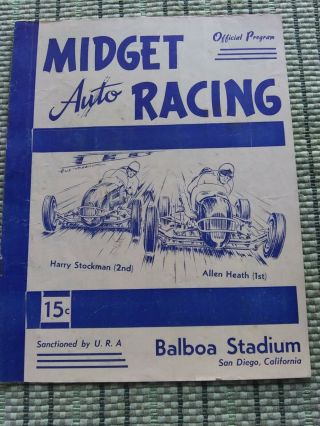 Vtg.  June 6,  1951 Midget Auto Racing Official Program Balboa Stadium San Diego