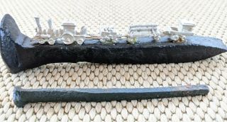 2 Vintage Railroad Spikes,  One With Miniature Silver Train