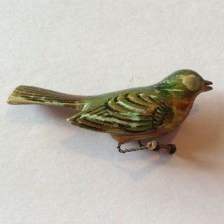 Vintage Antique Carved Wood Hand Painted Bird Brooch Pin Lacquered