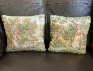 Vintage Set Of 2 French Country Victorian Tapestry Decorative Pillows 8.  5x9
