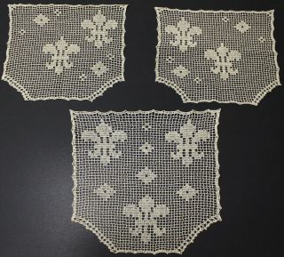 3 Vtg Handmade Doilies Crochet Tatting - Shield Shaped - French Fleur - De - Lis