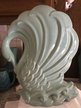 Aqua Swan Vintage Ceramic Art Deco Vase - 12 Tall 11 Wide