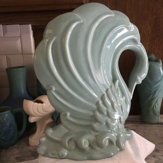 Aqua Swan Vintage Ceramic Art Deco Vase - 12 tall 11 wide 2