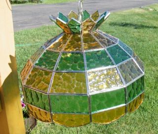 Unique Vintage Stained Glass Hanging Light Lamp Green And Gold