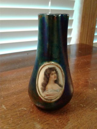Antique Bohemian Iridescent Glass Vase With Hand Painted Porcelain Portrait Lady
