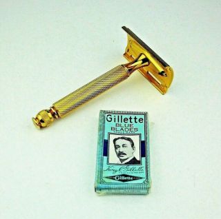 Vintage 3 Pc Gold Tone De Gillette Safety Razor Ball End Nos Box 5 Blue Blades