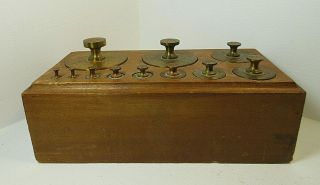Antique Vintage Brass Weight Set Apothecary Scale 5lbs - 1/8 Oz Wooden Box Ms82