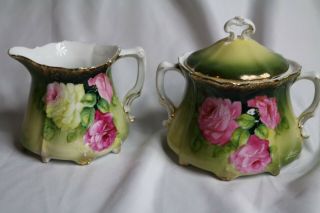Antique P T Germany Sugar Bowl & Creamer Set - Olive Green With Pink Roses