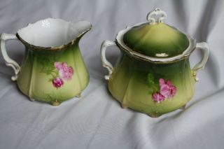 Antique P T Germany Sugar Bowl & Creamer Set - Olive Green with Pink Roses 2