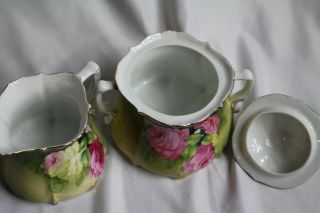 Antique P T Germany Sugar Bowl & Creamer Set - Olive Green with Pink Roses 3
