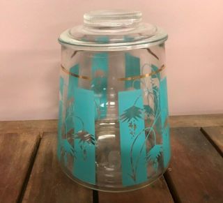 Vintage Clear Glass Container Canister Cookie Jar With Lid & Teal Stencil Design
