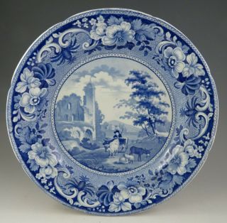 Antique Pottery Pearlware Blue Transfer Meir Knaresborough Castle Plate 1825