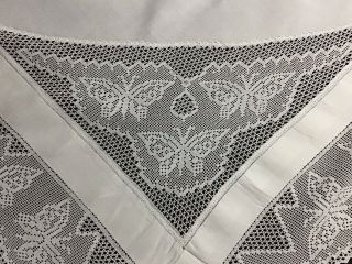 Stunning Large Antique Irish Linen Tablecloth Deep Lace Trim & Insert/butterfly