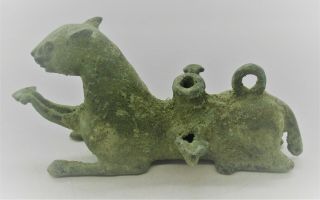 Scarce Ancient Luristan Bronze Tri - Pronged Oil Lamp In The Form Of A Beast