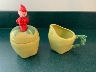 Vintage Red Elf/pixie - Green Creamer & Sugar Bowl - Gilner