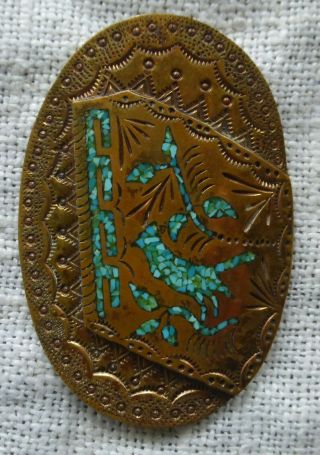 Vintage Navajo Brass Or Bronze Turquoise Signed Nakai Pendant 2 1/4 " X 1 9/16 "