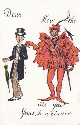 Old Vintage Red Devil Postcard Comic How The Devil Are You? Yours To A Cinder
