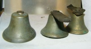 3 - Vintage Brass Bells 2 With Leather Straps Ringers 1 2/3 " Tall