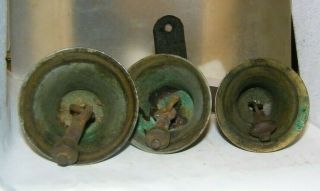 3 - vintage brass bells 2 with leather straps ringers 1 2/3 