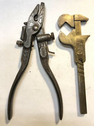 Antique Vintage Ornate Saw Set & Brass Promotional Wrench