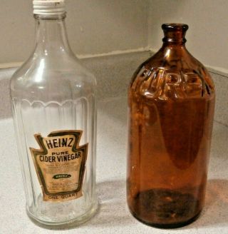Vintage Heinz Vinegar 1 Quart Bottle W/ Cap,  Label & Embossed Purex Amber Bottle