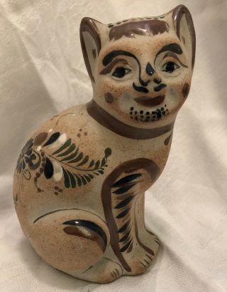 Vintage Large Tonala Mexican Sandstone Folk Art Hand Painted Pottery Cat Signed