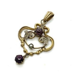 Antique Victorian Gilt Metal Amethyst Paste And Seed Pearl Pendant 38