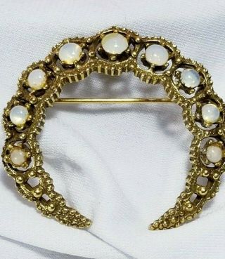 Vintage Gold Crescent Moon Opal Brooch Pin