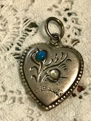 Sweet Vintage Sterling Silver Puffy Heart Charm Turquoise Stone