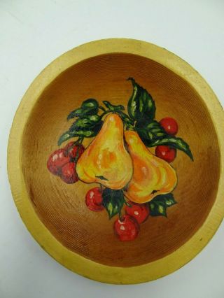 Vintage Munising Hand Carved Hand Painted Small Wooden Bowl With Fruit Scene
