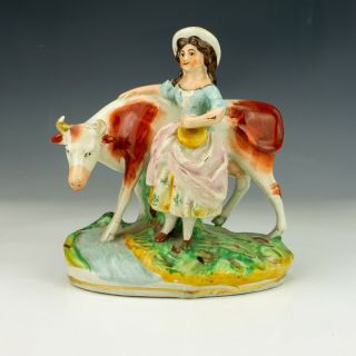 Antique Staffordshire Pottery Lady With Cow Figure - The Milkmaid - Lovely