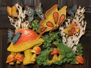 Vintage Homco Mushroom Butterfly Frog Nature 18 " Wall Hanging Plaque 1973 Retro