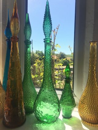 Vintage Green Italian Empoli Glass Genie Bottle Hobnail 1960’s Mcm