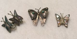 Vintage Mexico Sterling Silver Pins Brooch Earrings Inlay Turquoise Butterfly