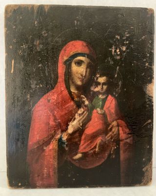 Antique Old Master Oil Painting On Wood Panel Religious Madonna Greek Orthodox