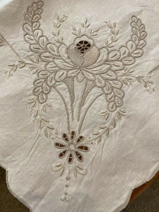 Vintage Tablecloth Drawn Work,  Raised Embroidery,  Cut Work Ecru 49” X 50”.