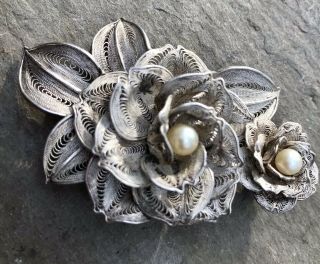 Vintage Large Brooch/pin Sterling Silver Double Rose Filigree With Pearls 17.  8g
