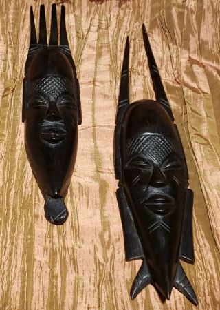 Vintage Ebony Tribal African Masks Male & Female Carved Wood Mid Century Mcm Set
