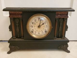 Antique Sessions Ebony 8 Day Mantle Clock Marigold Face 4 Column Faux Red Marble