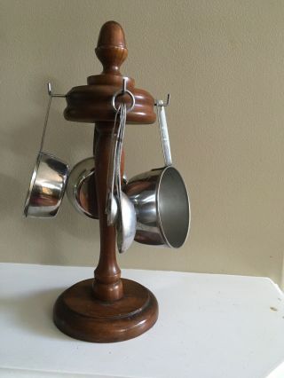 Vintage Wood Measuring Spoon Stand 11 1/2 " Tall With Measuring Spoons And Cups