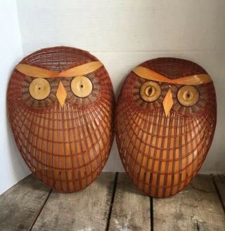 Vtg Hand Woven Basket Wall Hanging Owls Set/2 12.  5” X 9” 13.  5” X 10” Natural Red