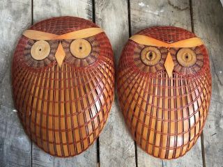 Vtg Hand Woven Basket Wall Hanging Owls Set/2 12.  5” X 9” 13.  5” X 10” Natural Red 2